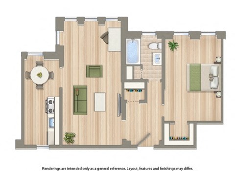 1 bedroom floor plan rendering at the dahila apartments in takoma washington dc
